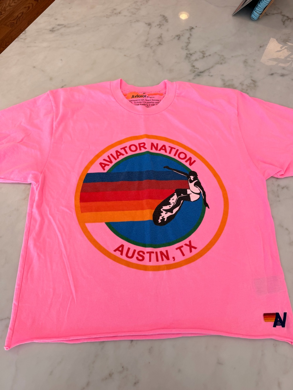 Aviator Nation Women’s Signature Austin Boyfriend Tee- neon pink Medium